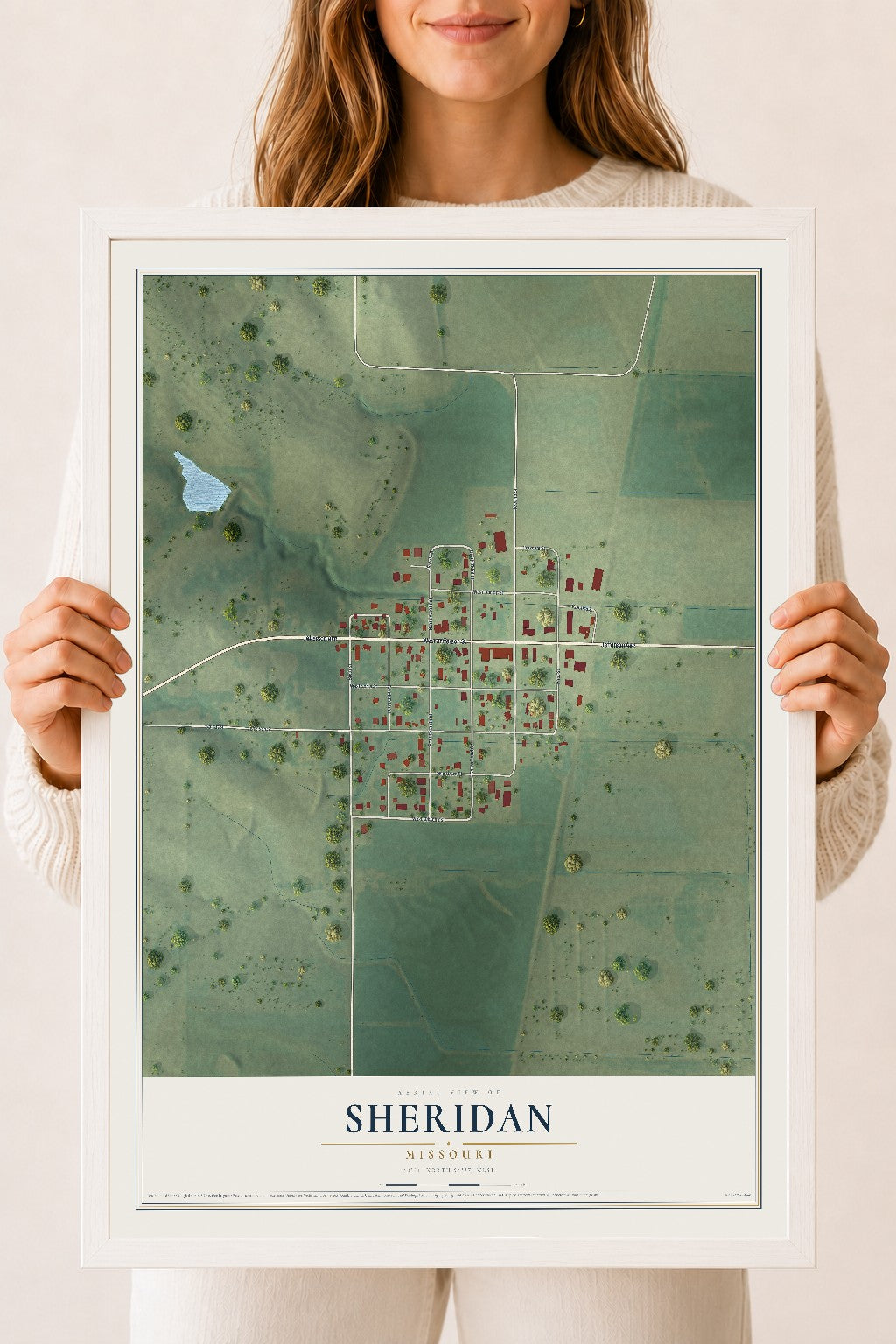 Map of Sheridan, Missouri, 18 x 24 inch print in a white wood frame