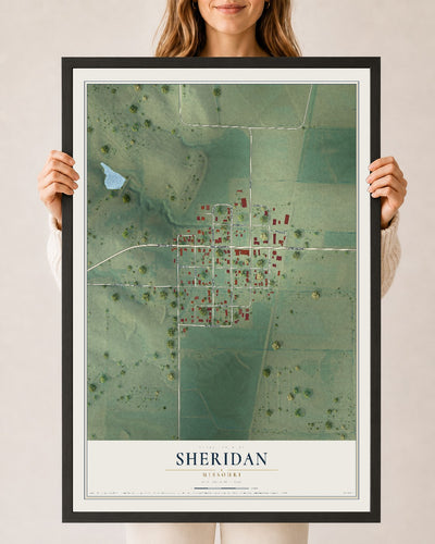 Map of Sheridan, Missouri, 24 x 36 inch print in a black wood frame