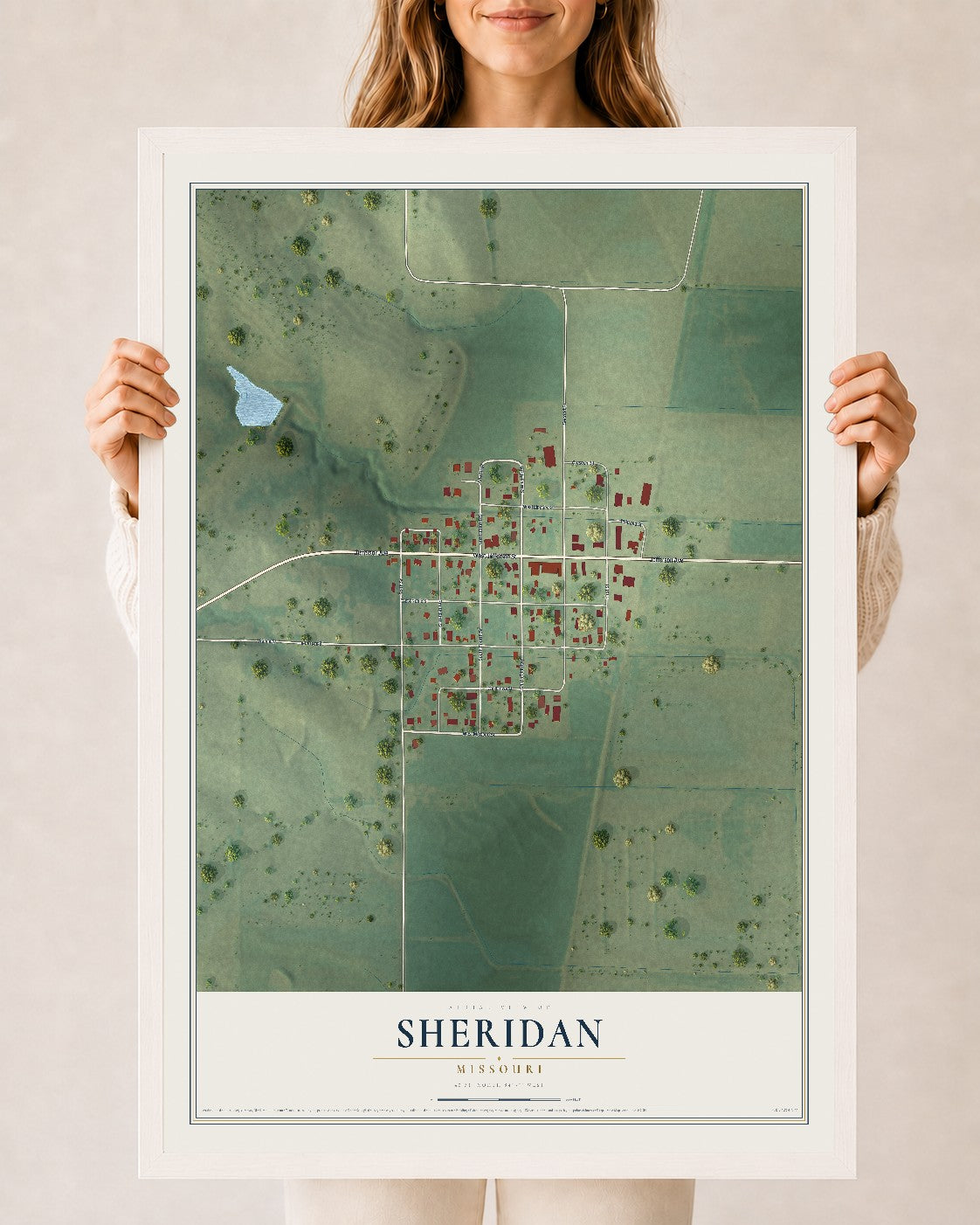 Map of Sheridan, Missouri, 24 x 36 inch print in a white wood frame