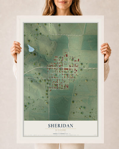 Map of Sheridan, Missouri, 24 x 36 inch print in a white wood frame