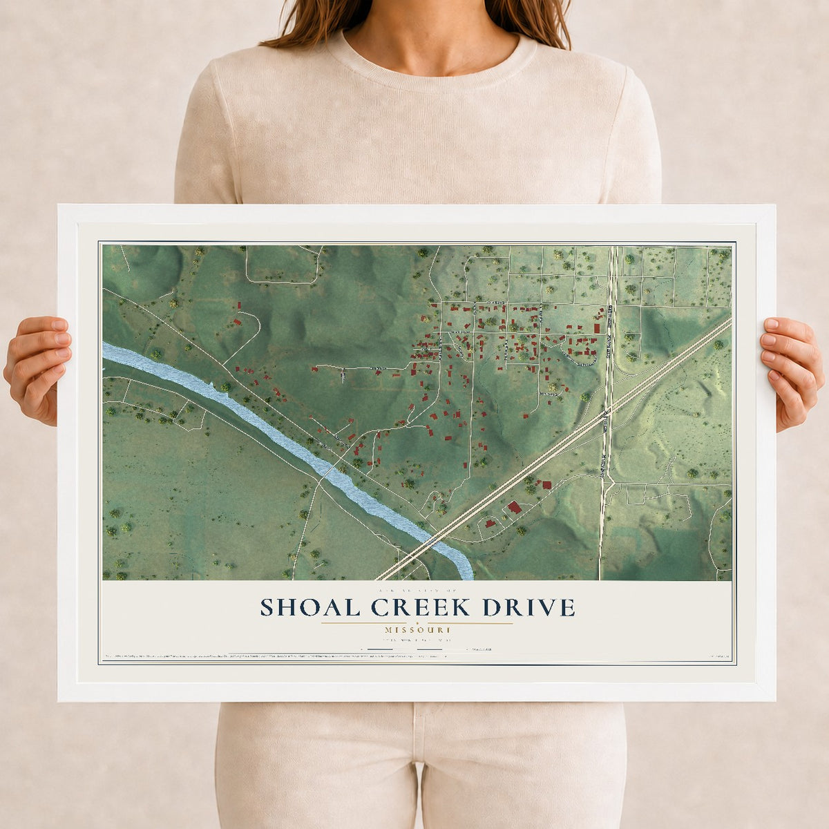 Map of Shoal Creek Drive, Missouri, 12 x 18 inch print in a white wood frame