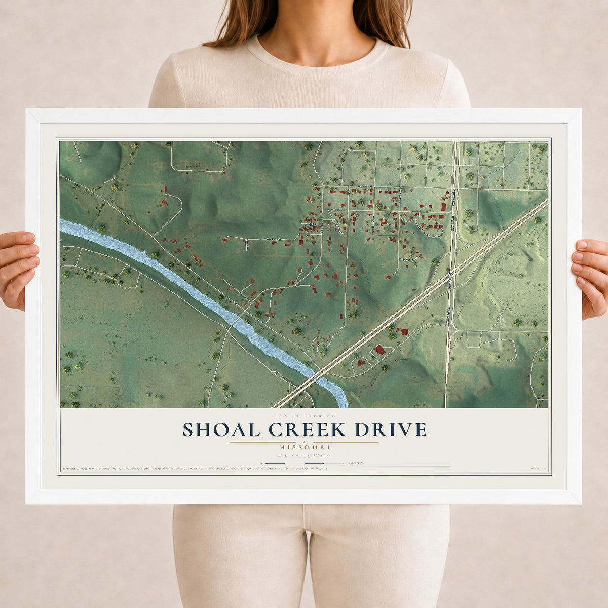 Map of Shoal Creek Drive, Missouri, 18 x 24 inch print in a white wood frame