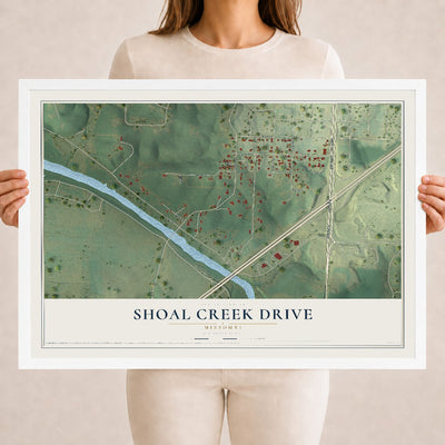 Map of Shoal Creek Drive, Missouri, 18 x 24 inch print in a white wood frame