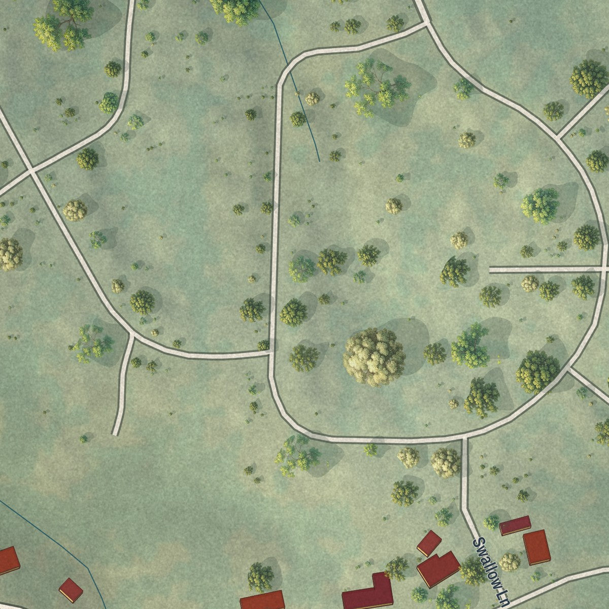 Close-up of the map of Shoal Creek Estates, Missouri print showing street and building detail