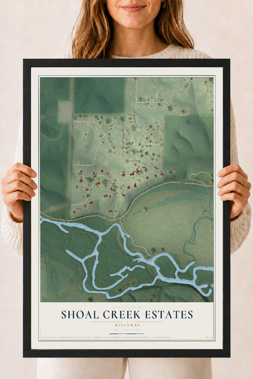Map of Shoal Creek Estates, Missouri, 18 x 24 inch print in a black wood frame