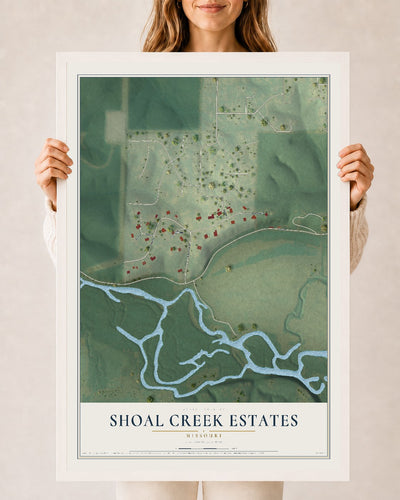 Map of Shoal Creek Estates, Missouri, 24 x 36 inch print in a white wood frame