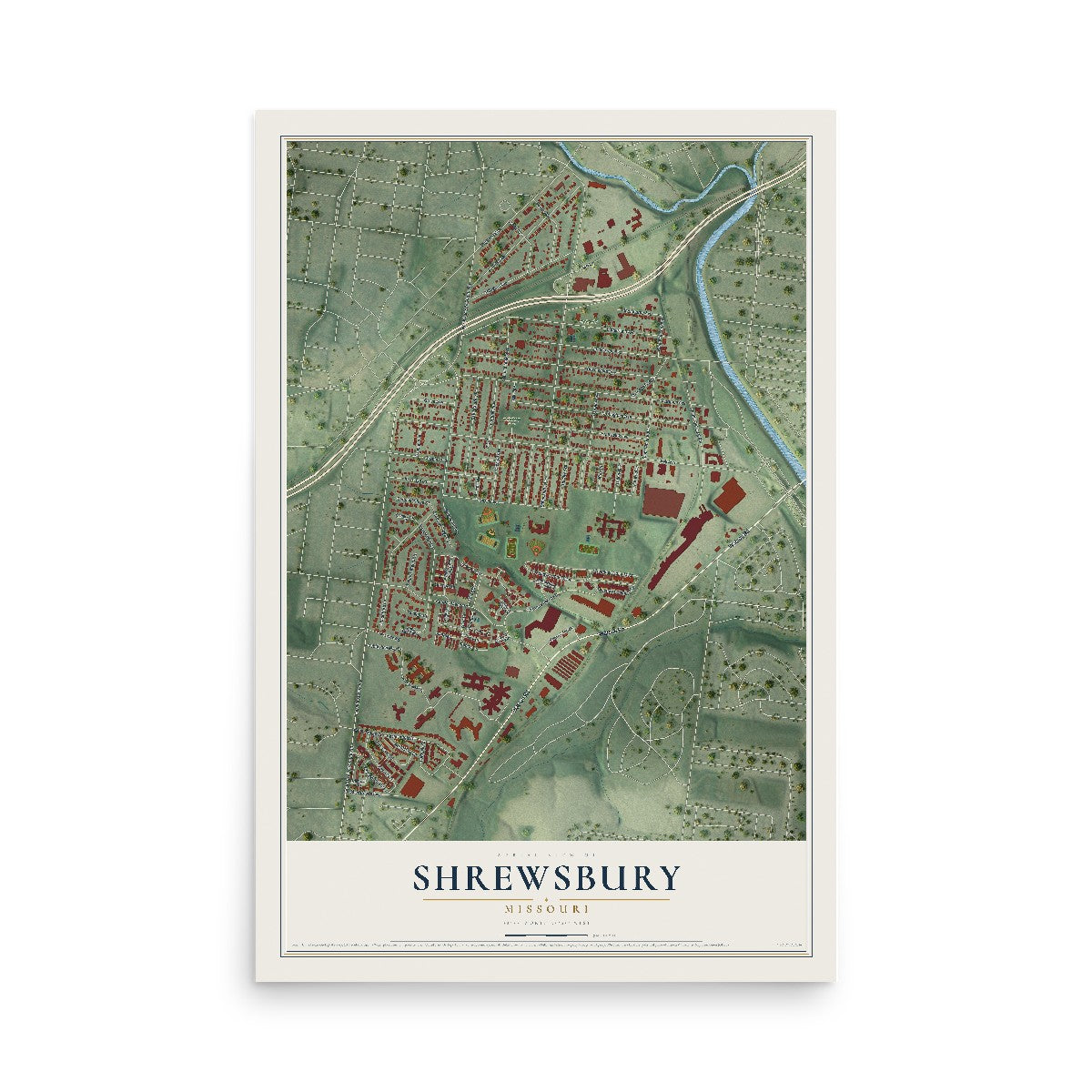Map of Shrewsbury, Missouri, 12 x 18 inch unframed archival matte print