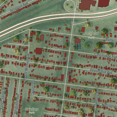 Close-up of the map of Shrewsbury, Missouri print showing street and building detail