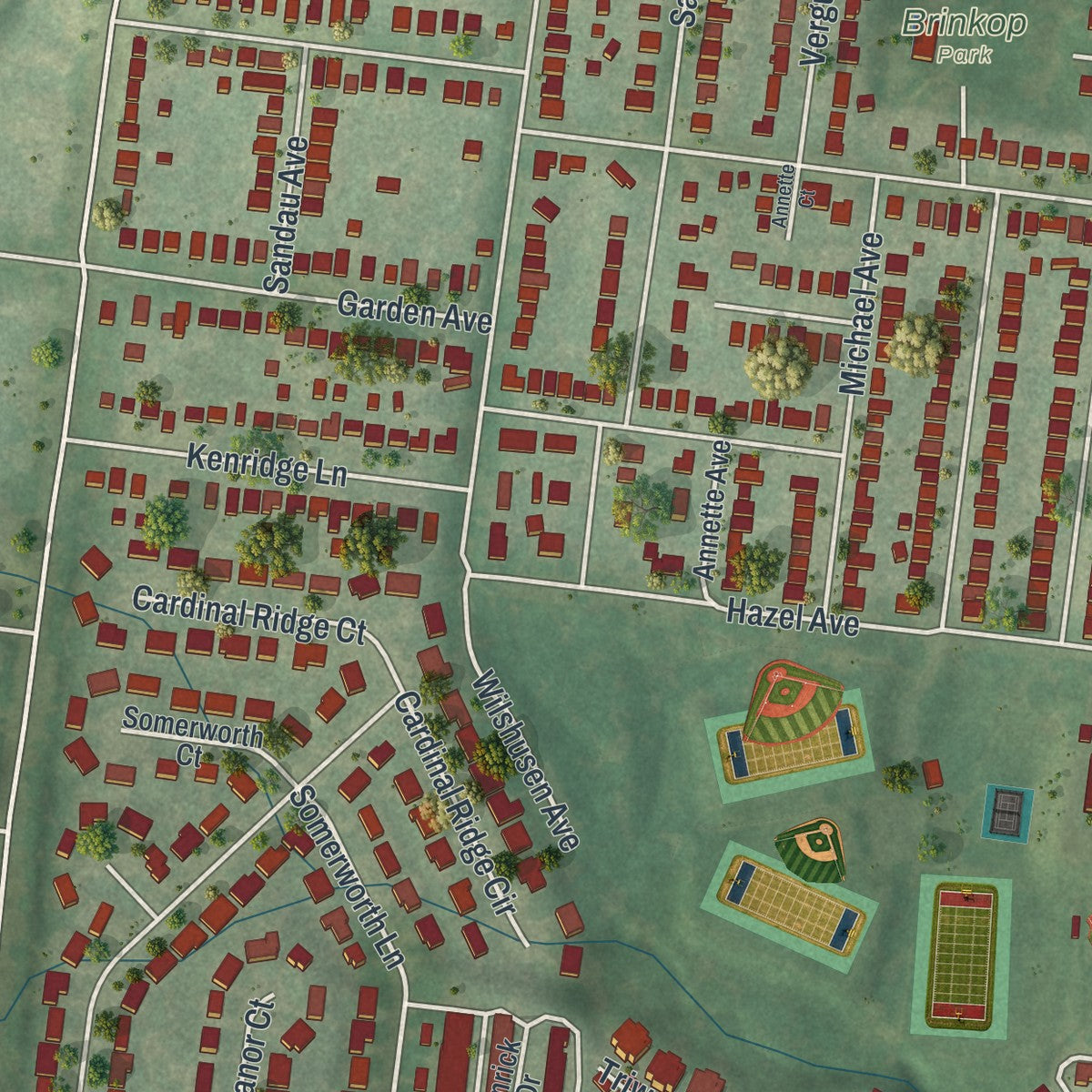 Second close-up of the map of Shrewsbury, Missouri print showing more streets and buildings