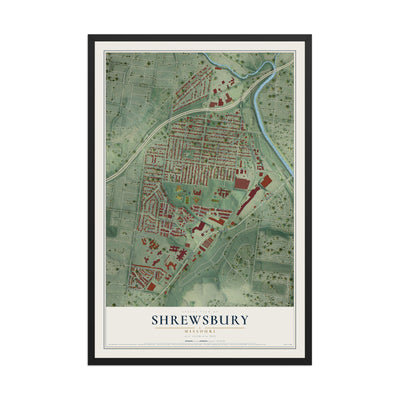 Map of Shrewsbury, Missouri, 12 x 18 inch print in a black wood frame