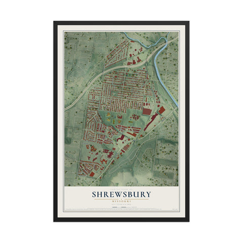 Map of Shrewsbury, Missouri, 12 x 18 inch print in a black wood frame