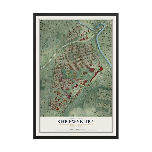 Map of Shrewsbury, Missouri, 12 x 18 inch print in a black wood frame