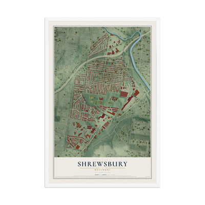 Map of Shrewsbury, Missouri, 12 x 18 inch print in a white wood frame