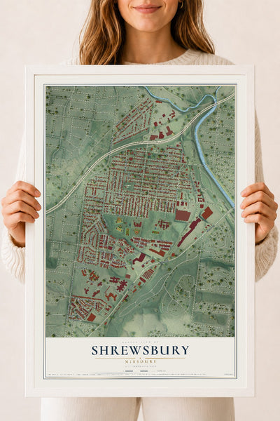 Map of Shrewsbury, Missouri, 18 x 24 inch print in a white wood frame
