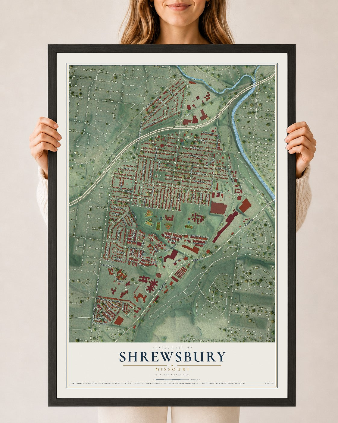 Map of Shrewsbury, Missouri, 24 x 36 inch print in a black wood frame