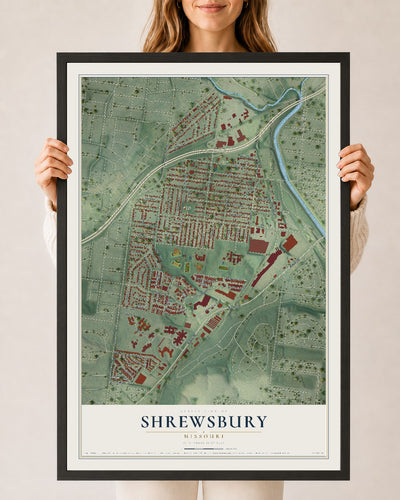 Map of Shrewsbury, Missouri, 24 x 36 inch print in a black wood frame