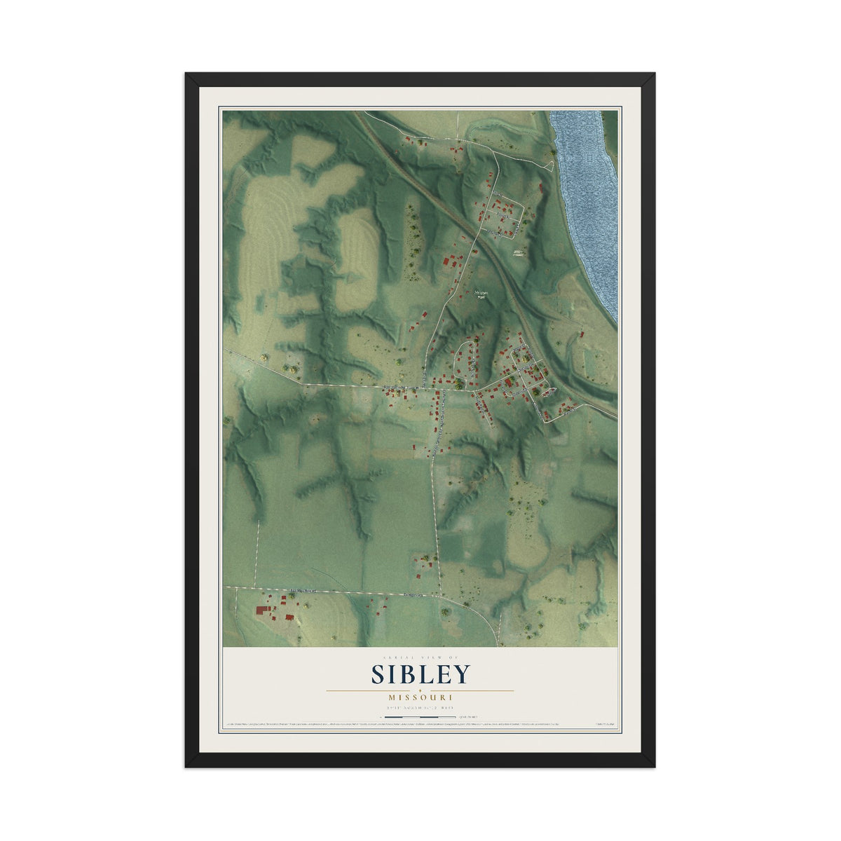 Map of Sibley, Missouri, 12 x 18 inch print in a black wood frame
