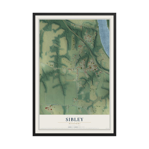 Map of Sibley, Missouri, 12 x 18 inch print in a black wood frame