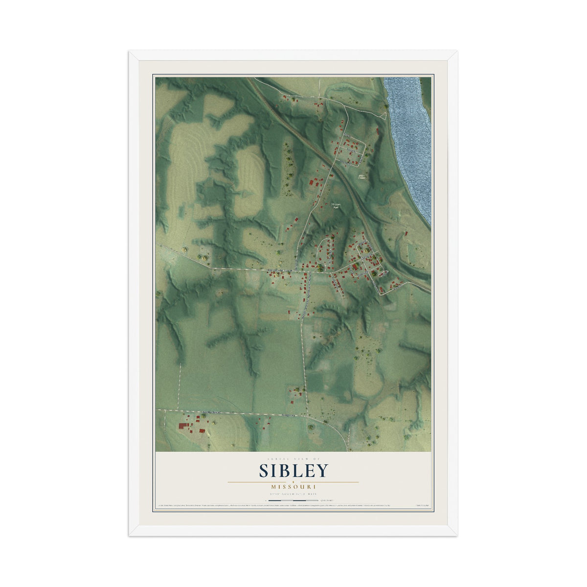 Map of Sibley, Missouri, 12 x 18 inch print in a white wood frame