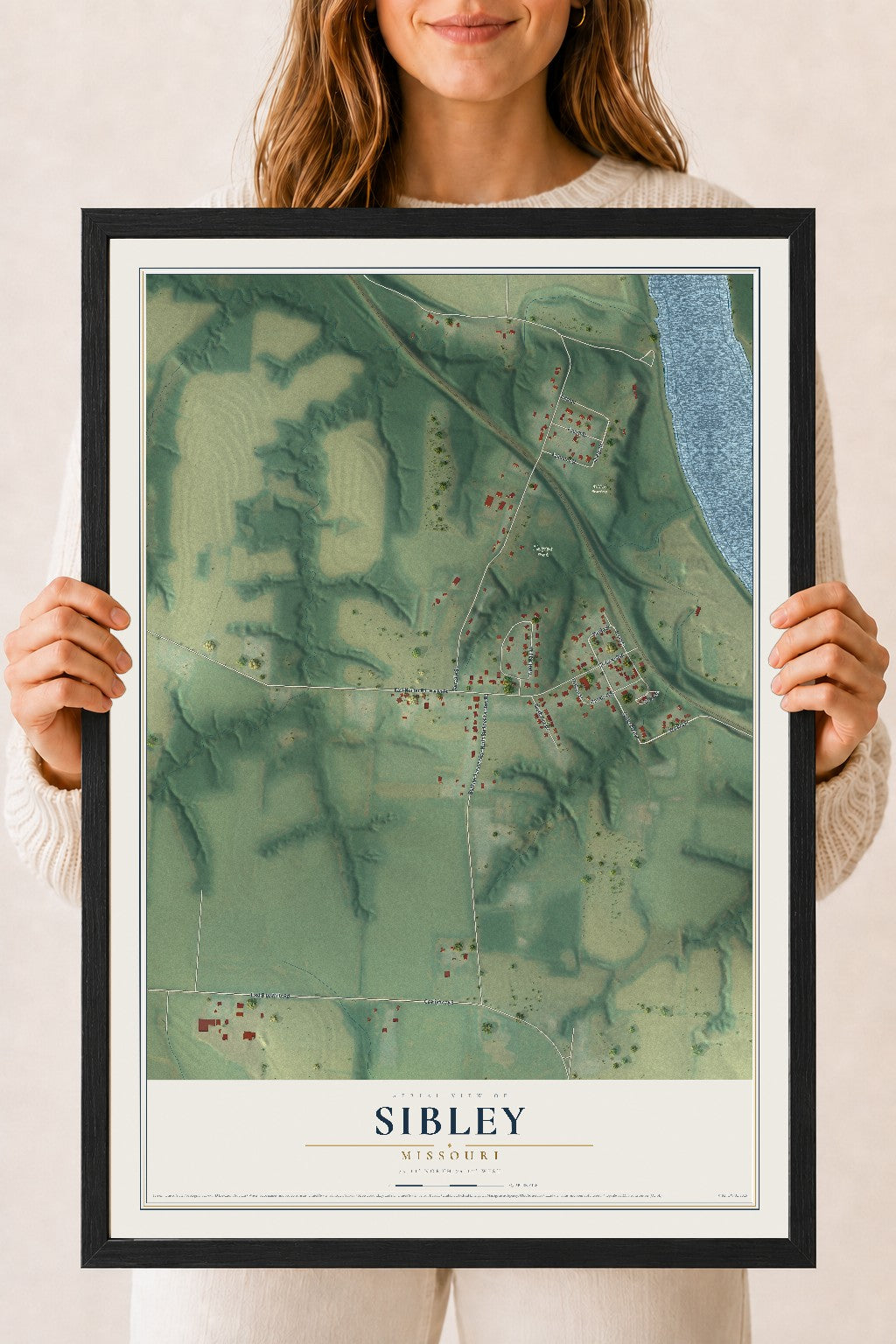Map of Sibley, Missouri, 18 x 24 inch print in a black wood frame