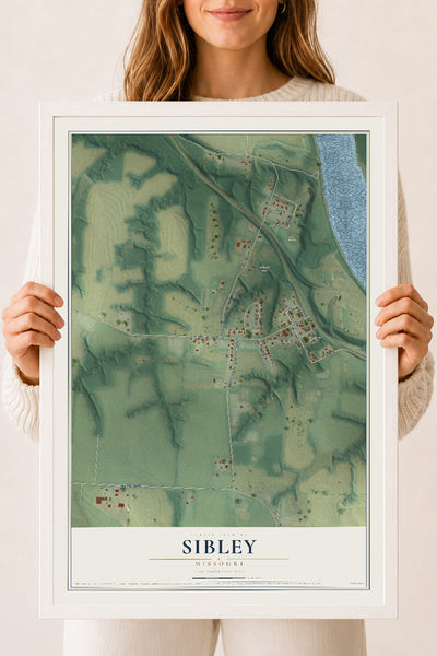 Map of Sibley, Missouri, 18 x 24 inch print in a white wood frame