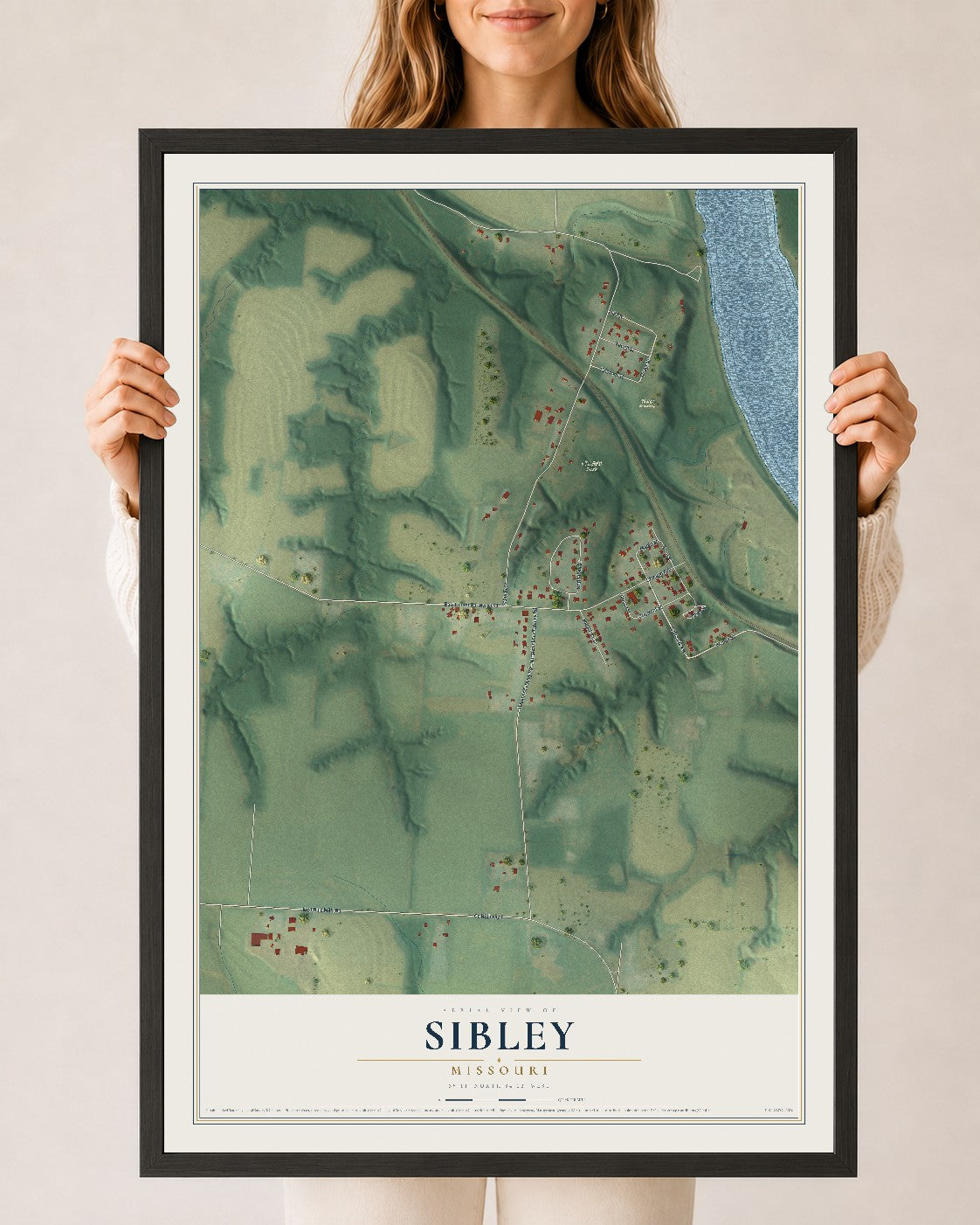 Map of Sibley, Missouri, 24 x 36 inch print in a black wood frame