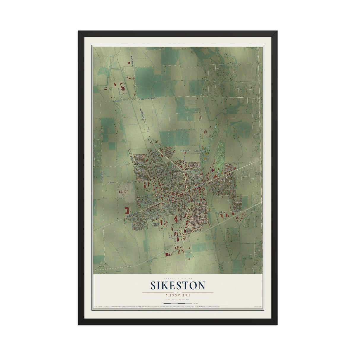 Map of Sikeston, Missouri, 12 x 18 inch print in a black wood frame