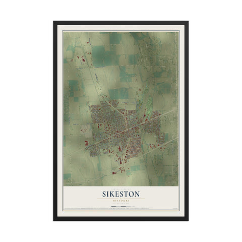 Map of Sikeston, Missouri, 12 x 18 inch print in a black wood frame