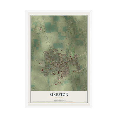 Map of Sikeston, Missouri, 12 x 18 inch print in a white wood frame
