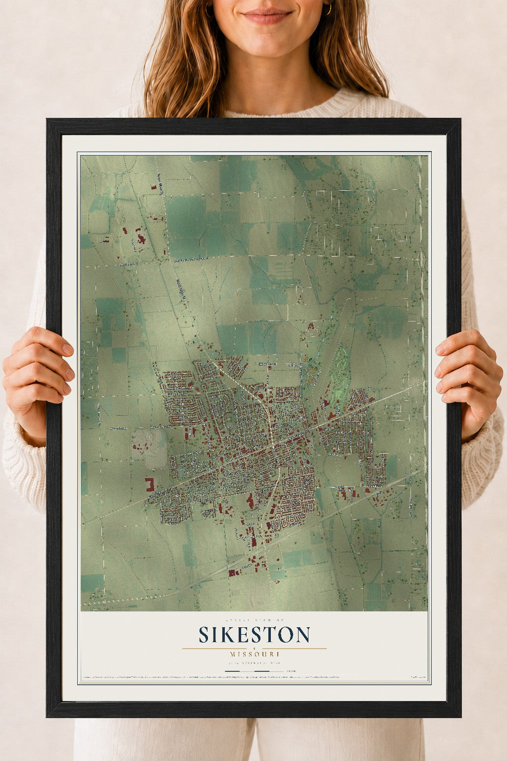 Map of Sikeston, Missouri, 18 x 24 inch print in a black wood frame