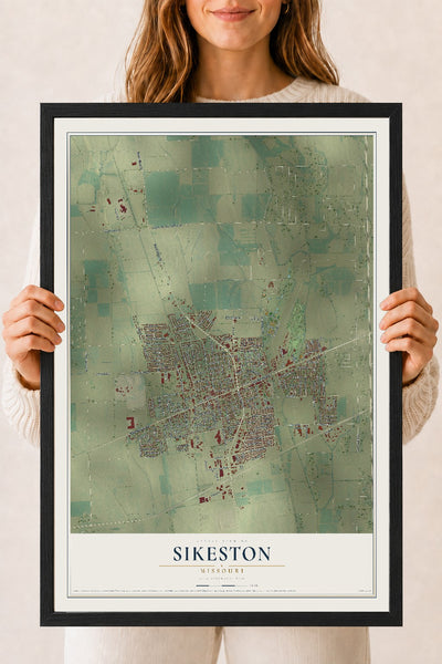Map of Sikeston, Missouri, 18 x 24 inch print in a black wood frame