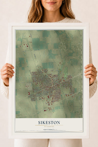 Map of Sikeston, Missouri, 18 x 24 inch print in a white wood frame