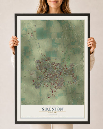 Map of Sikeston, Missouri, 24 x 36 inch print in a black wood frame
