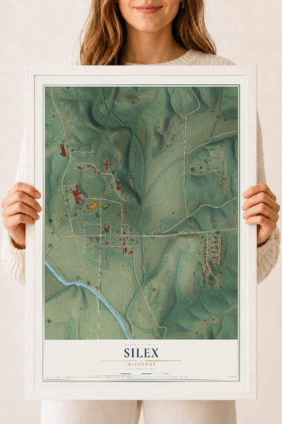 Map of Silex, Missouri, 18 x 24 inch print in a white wood frame