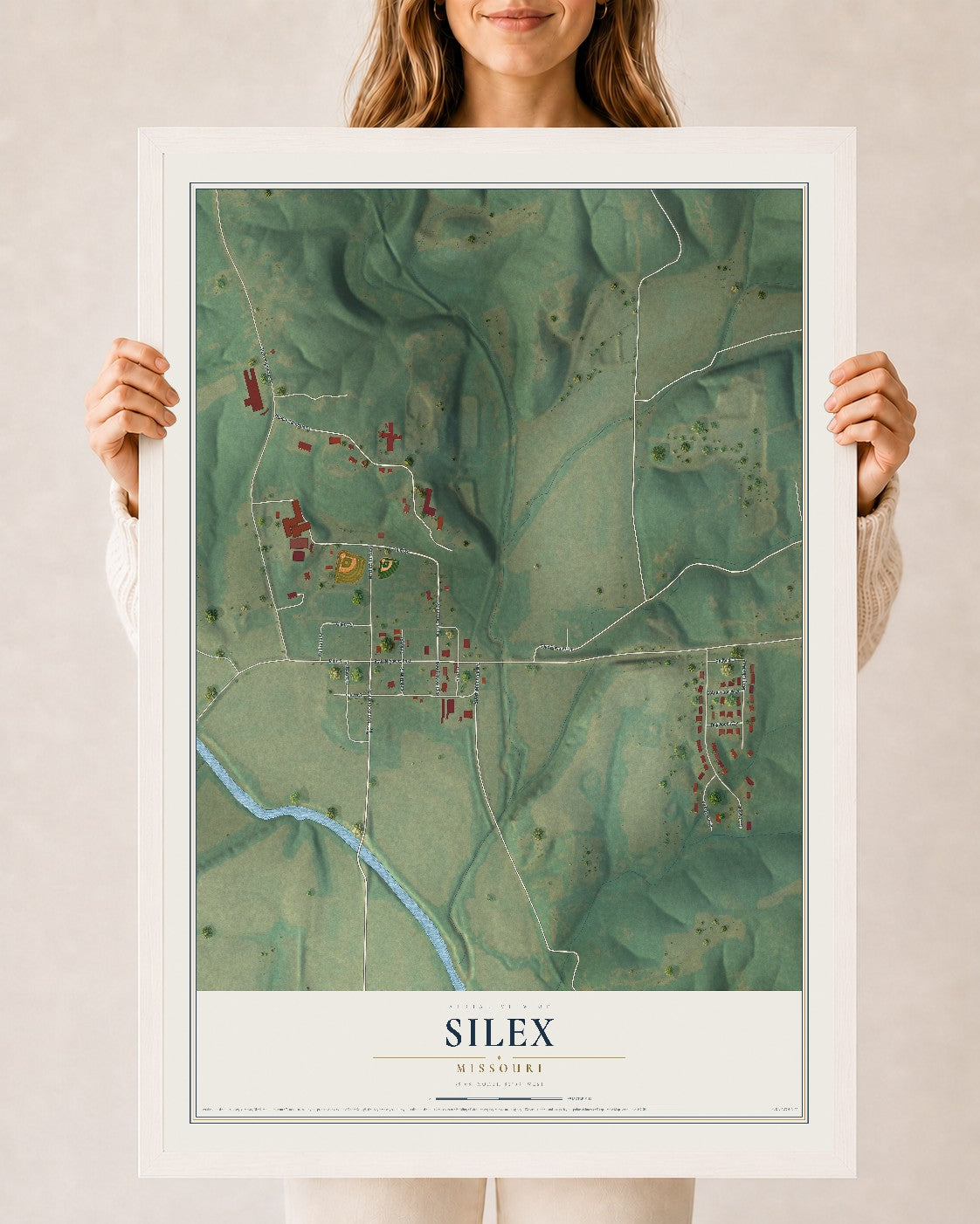 Map of Silex, Missouri, 24 x 36 inch print in a white wood frame