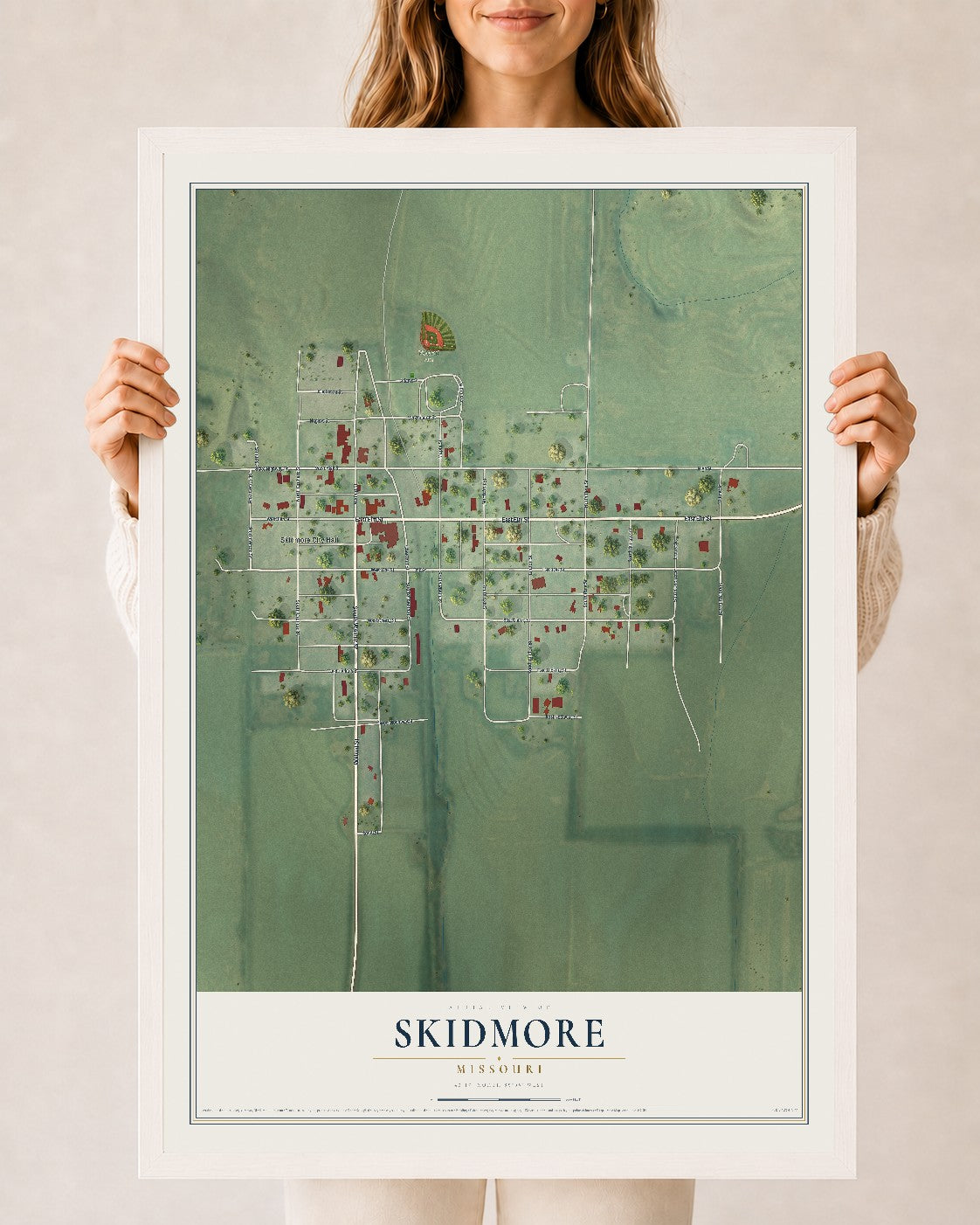 Map of Skidmore, Missouri, 24 x 36 inch print in a white wood frame