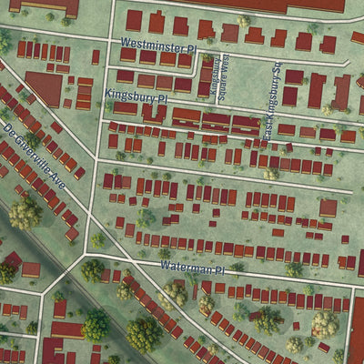 Close-up of the map of Skinker DeBaliviere, Missouri print showing street and building detail