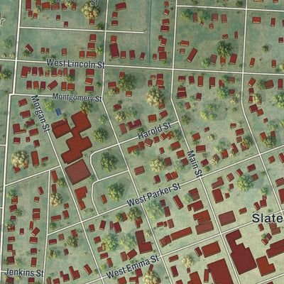 Close-up of the map of Slater, Missouri print showing street and building detail