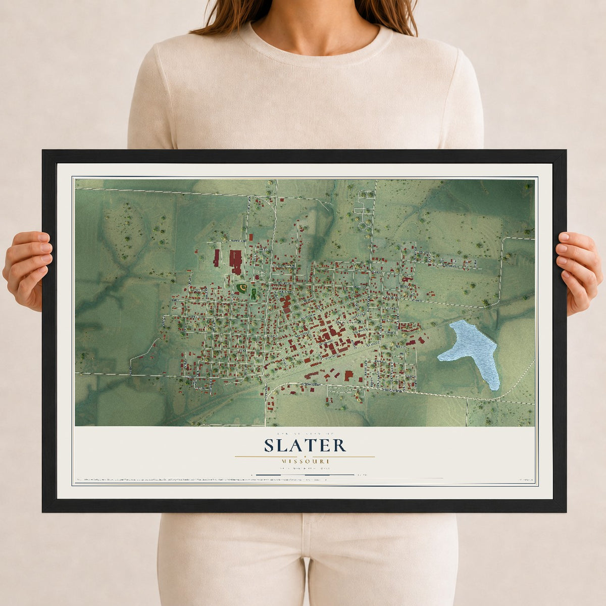 Map of Slater, Missouri, 12 x 18 inch print in a black wood frame