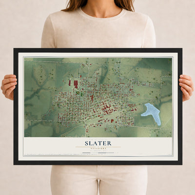 Map of Slater, Missouri, 12 x 18 inch print in a black wood frame