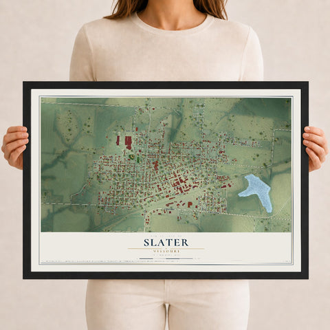 Map of Slater, Missouri, 12 x 18 inch print in a black wood frame