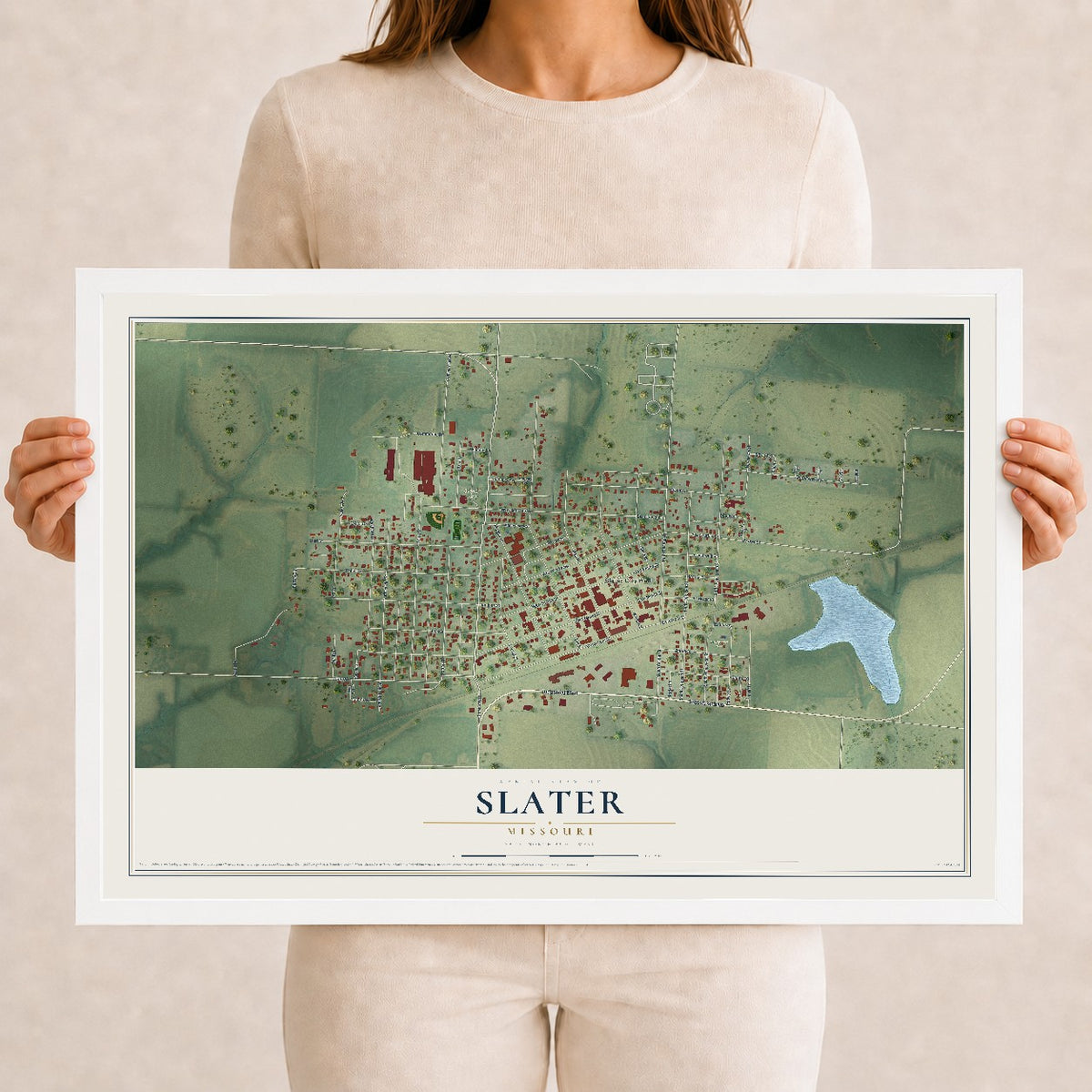 Map of Slater, Missouri, 12 x 18 inch print in a white wood frame