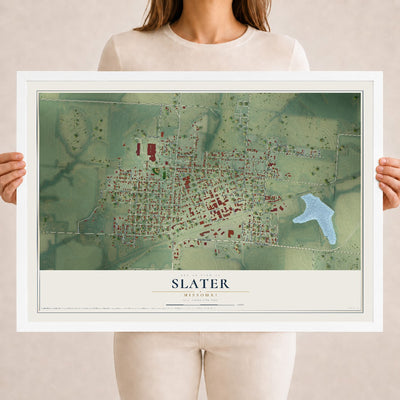 Map of Slater, Missouri, 18 x 24 inch print in a white wood frame