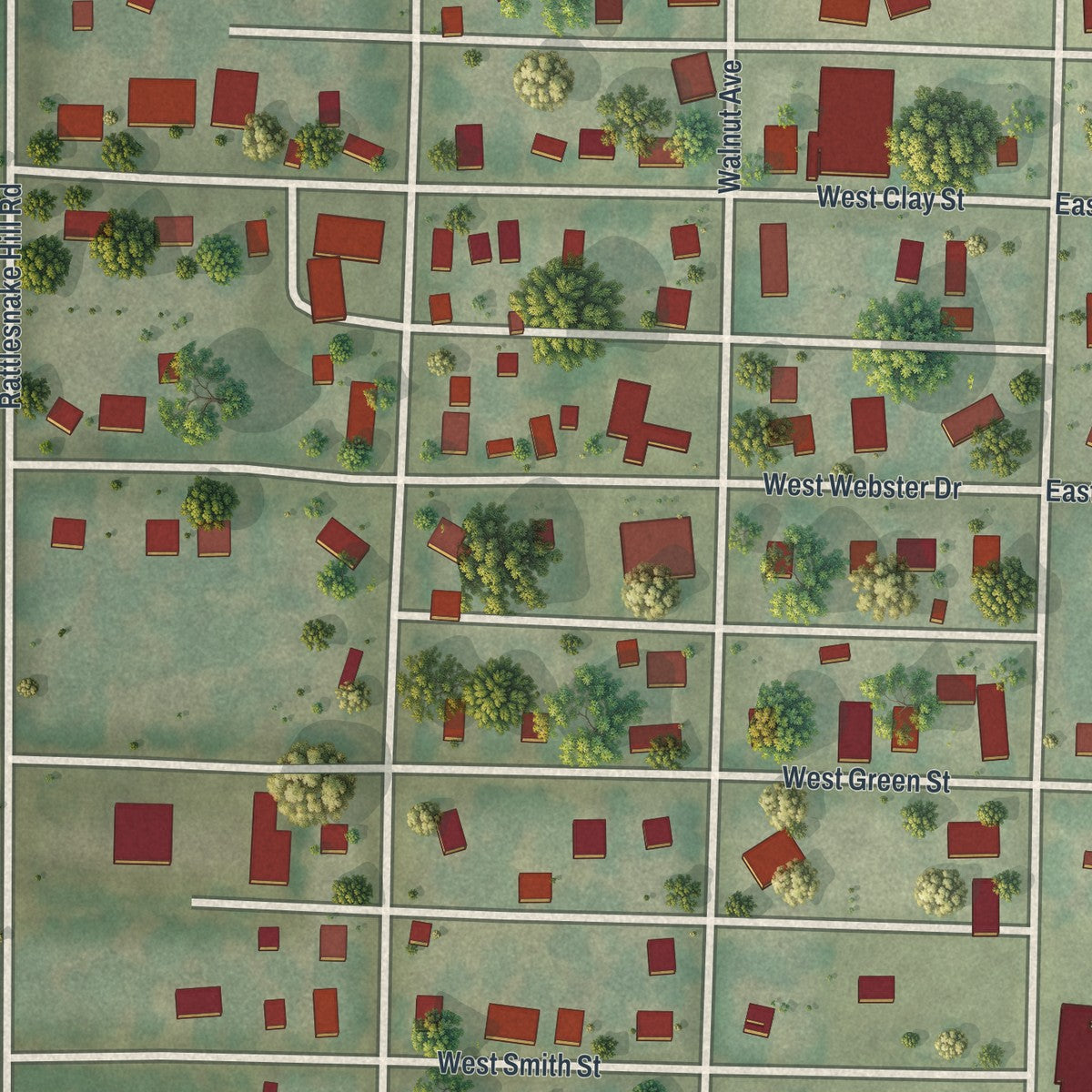 Close-up of the map of Smithton, Missouri print showing street and building detail