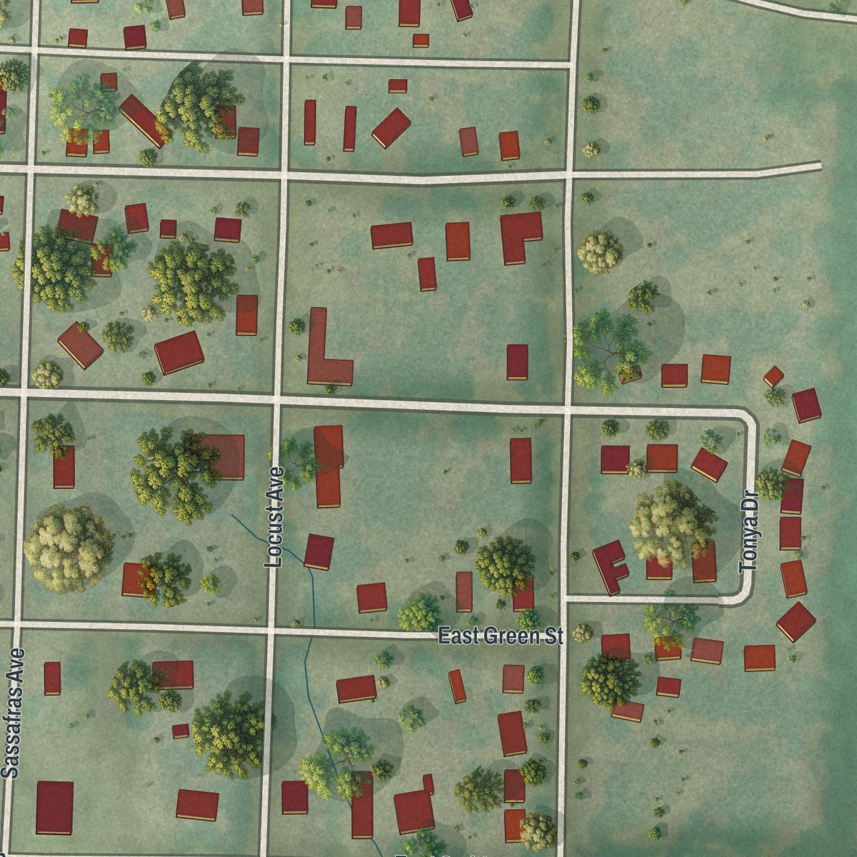 Second close-up of the map of Smithton, Missouri print showing more streets and buildings
