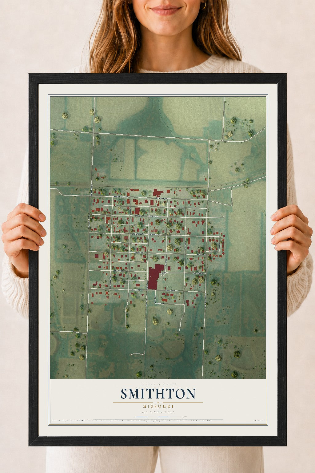 Map of Smithton, Missouri, 18 x 24 inch print in a black wood frame