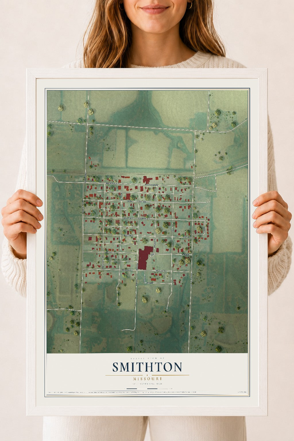 Map of Smithton, Missouri, 18 x 24 inch print in a white wood frame