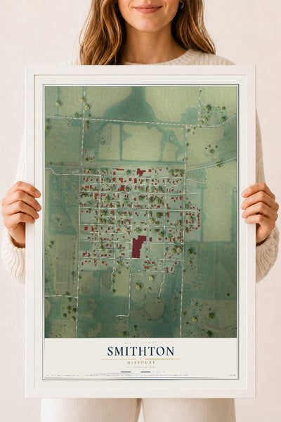 Map of Smithton, Missouri, 18 x 24 inch print in a white wood frame