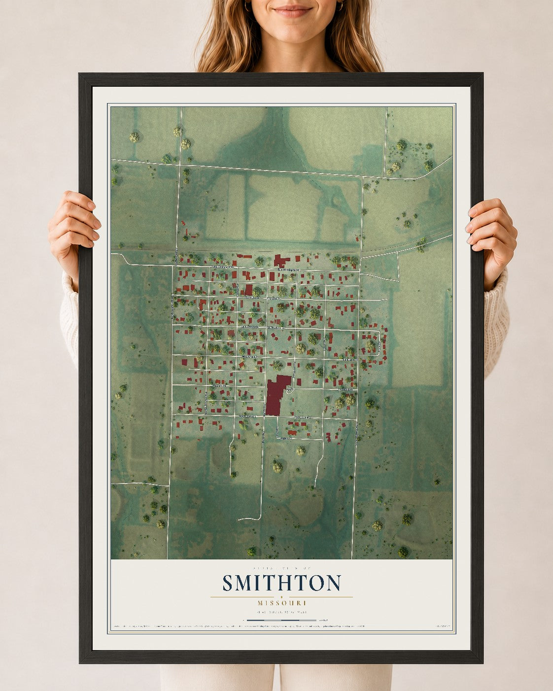 Map of Smithton, Missouri, 24 x 36 inch print in a black wood frame