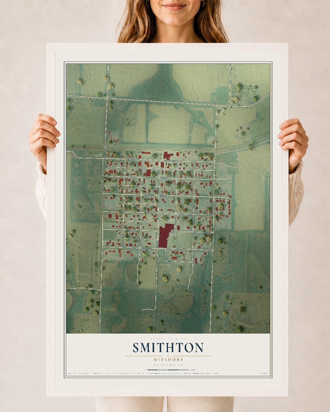 Map of Smithton, Missouri, 24 x 36 inch print in a white wood frame